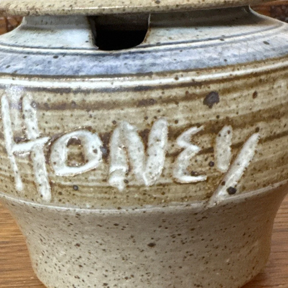 Handmade Pottery Honey Pot Jar with Lid Stoneware Rustic Speckled Glaze 5